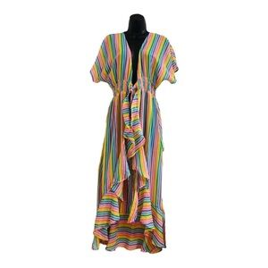 Beautiful Rainbow striped bat wing ruffled front tie coverup dress size small‎